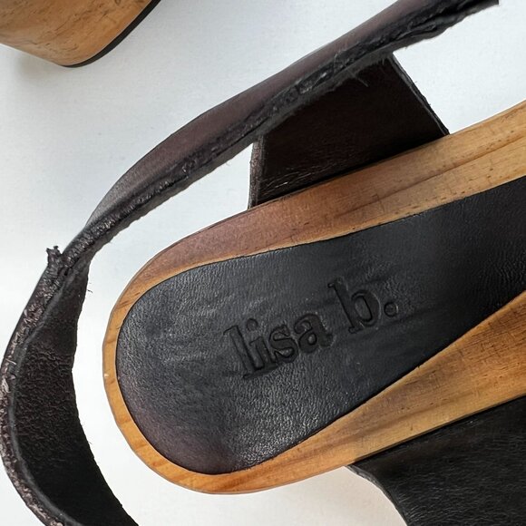 Lisa B Peep Toe Clogs Low Wood Heel Chocolate Brown Leather 40 Boho US 8.5 / 9 - Picture 2 of 13